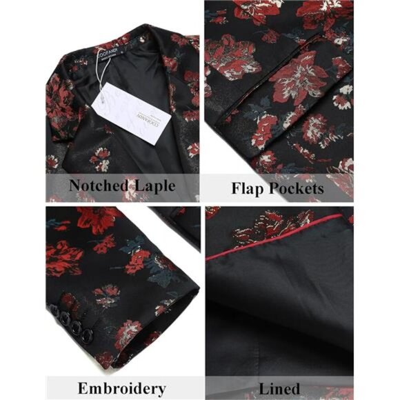Mens Floral Tuxedo Jackets Slim Fit Suit Blazer Jacket for Dinner Prom Wedding - Picture 6 of 7